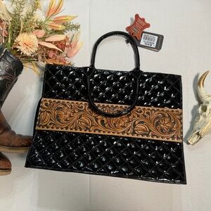American Darling Black Quilted Tote with Brown Embossed Accent